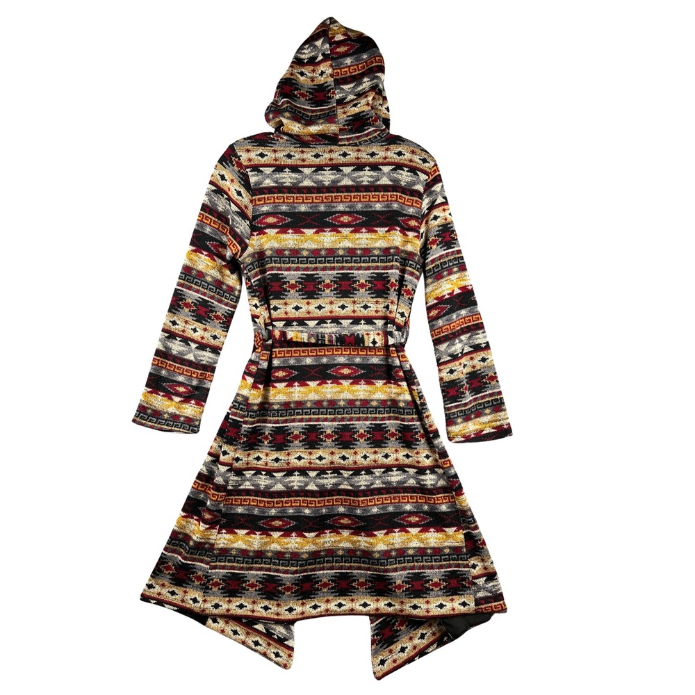 DejaVu Hooded Cardigan Sweater Womens Medium Geometric Print Tie Waist Duster - Picture 2 of 5
